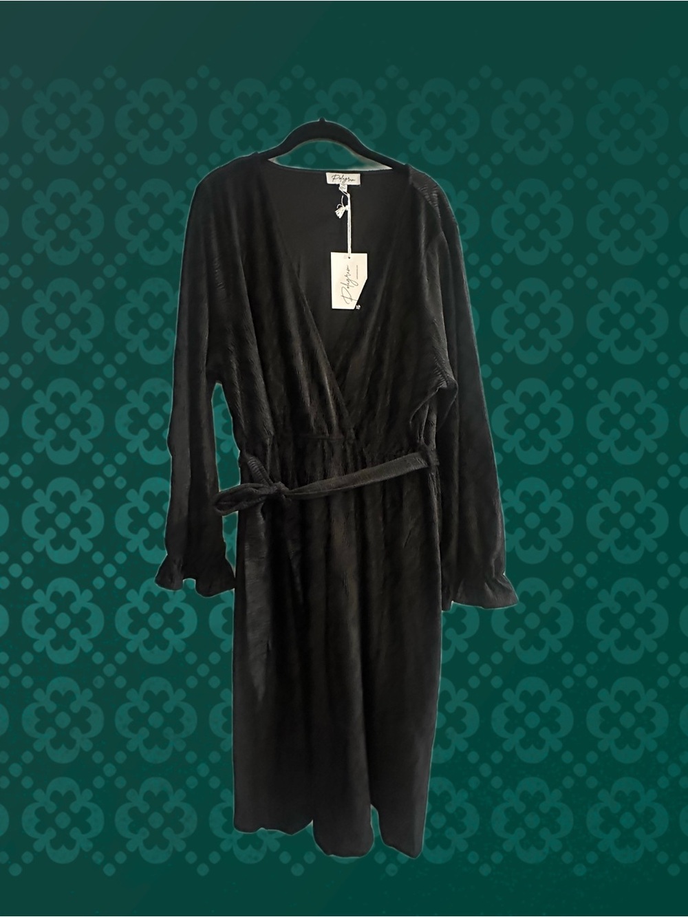 Polagram Black Textured Velvet Faux Wrap Long-Sleeve MIDI Dress w/ Self-Tie Belt